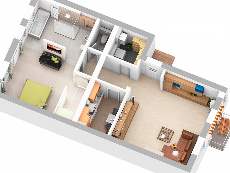 3D-Plan der linken Wohnung